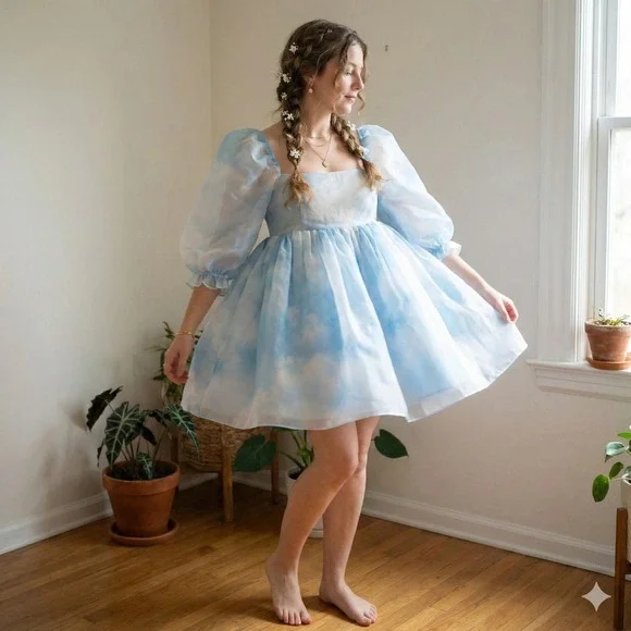 Selkie The Puff Dress Womens Plus Size 2X Clouds Blue White Organza Mini Girly - Picture 1 of 11